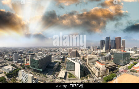 LOS ANGELES - JULY 28, 2017: Aerial view of Downtown on a sunny morning.  The city welcomes more than 40 million tourists annually. Stock Photo