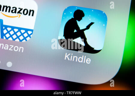 Sankt-Petersburg, Russia, March 22, 2018: Amazon Kindle application icon on Apple iPhone X screen close-up. Amazon Kindle app icon. Amazon kindle appl Stock Photo