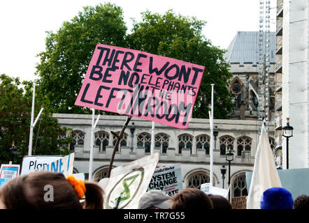 School Climate Strike, London, England, UK. A protester holds an ungrammatical sign saying 'There wont be no elephants left in the room'. Stock Photo