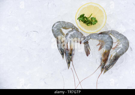 Fresh raw shrimps prawns and lemon on ice background in the seafood supermarket Stock Photo