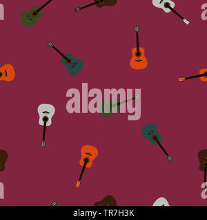 Seamless pattern classic acoustic colorful guitar on purple background. Musical instruments drawn simple print, musician motif for wallpaper Stock Photo