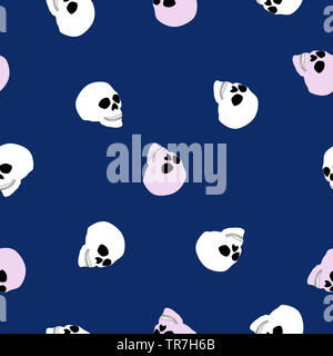 Seamless pattern white and pink human skull on blue background. Spooky head bone print, scary cute cartoon dead face wallpaper. Repeat halloween girly Stock Photo