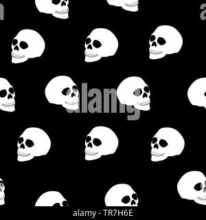 Seamless pattern white human skull on black background. Spooky pirate head bone print, scary evil cartoon dead face wallpaper. Repeat halloween horror Stock Photo