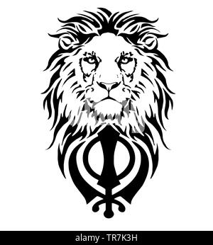 Khanda is the most significant symbol of Sikhism, decorated with a Lion with a long mane, on a white background, isolated, drawing for tattoo Stock Photo