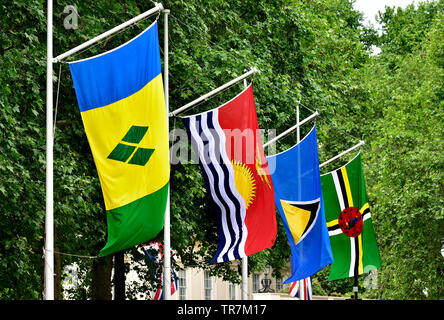 London, England, UK. Commonwealth flags in Horse Guards Road ready for the Trooping of the Colour: St Vincent and the Grenadines; Kiribati; Saint Luci Stock Photo