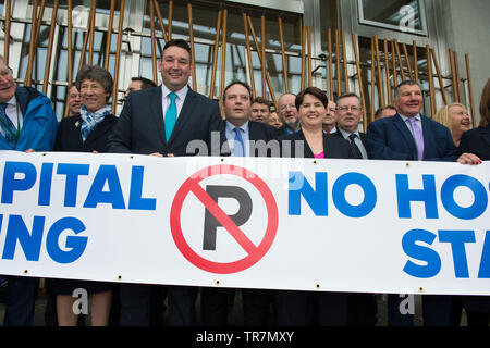 Edinburgh, UK. Scottish Conservatives launch a campaign to improve parking at hospitals across Scotland.  Shadow health secretary Miles Briggs joins other Scottish Conservative MSPs in demanding a review of parking for staff, patients and visitors. Pictured: (left-right) Liz Smith; Maurice Golden; Miles Briggs; Jamie Halco Johnston; Brian Whittle; Liam Kerr; Ruth Davidson; Alexander Stewart; Maurice Corrie; Jamie Green; Jeremy Balfour; Rachel Hamilton. Colin Fisher/Alamy Live News Stock Photo