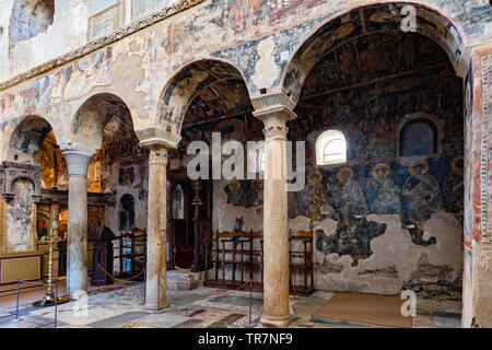 Part of the byzantine archaeological site of Mystras in Peloponnese, Greece. View of the interior of the Metropolis of Saint Demetrios Stock Photo