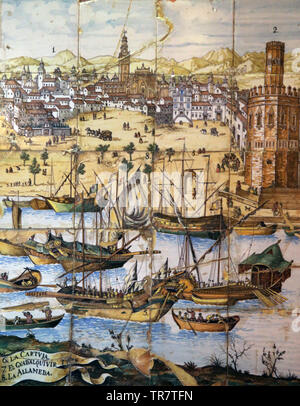 Commercial activity in the Port of Seville. 17th century. Ceramic panel. House of Salinas. Sevilla. Andalusia. Spain.