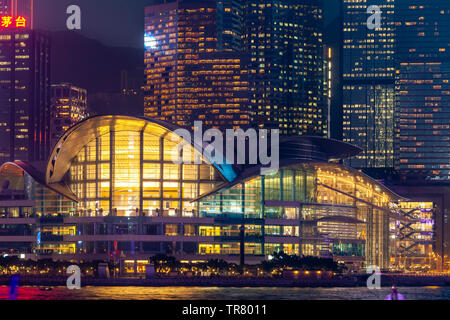 The Hong Kong Convention and Exhibition Centre and Hong Kong Skyline Viewed From The Promenade, Kowloon, Hong Kong, China Stock Photo