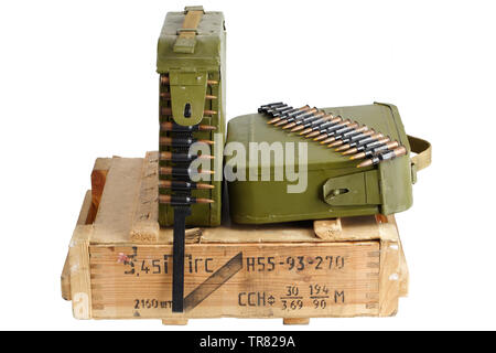 Soviet army ammunition box. Text in russian - type of ammunition ('5,45 PPSG' - 5,45 mm cartridges for AK74 assault rifle), lot number and production