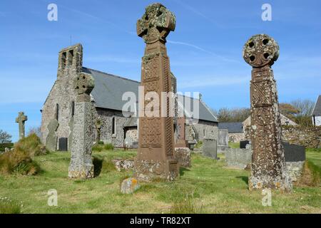 Celtic crosses in the graveyard of  St Bridget Church St Brides Pembrokeshire Wales Cymru UK Stock Photo