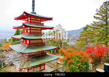View of the Japanese temple in autumn near Mount Fuji in View of the Japanese temple in autumn near Mount Fuji in