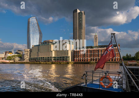 Sea Containers Hotel Complex, Bank Towers, Cityscape River Thames, Oxo Tower & Wharf, One Blackfriars 'The Vase'  from RB1 Boat SouthBank London UK Stock Photo