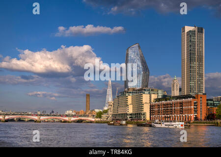 Sea Containers Hotel Complex, Bank Tower Cityscape, River Thames, Oxo Tower & Wharf, One Blackfriars with The London Shard and Tate Modern UK Stock Photo