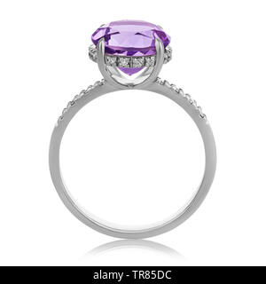Beautiful white gold ring with large amethyst and small cubic zirconias, isolated on a white background, front view Stock Photo