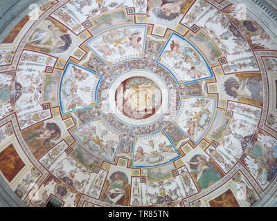 The spiral staircase at the Villa Farnese spans three floors and features frescoes by Antonio Tempesta Stock Photo