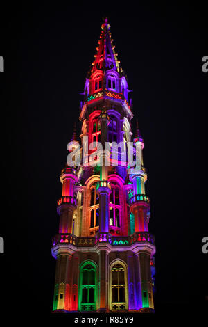 Gay pride, grand place with gay flag colors, colored lights Stock Photo