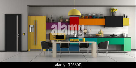 Colorful modern kitchen with white dining table ,black chairs and closed door - 3d rendering Stock Photo