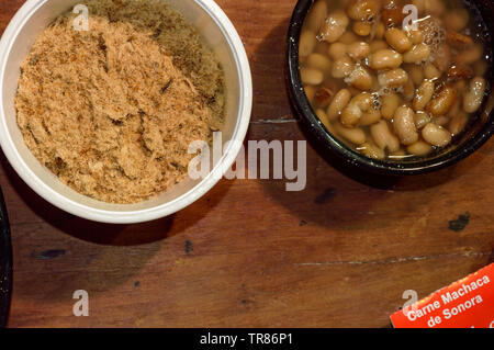 Mexican machaca meat and beans from Sonora, making breakfast Stock Photo
