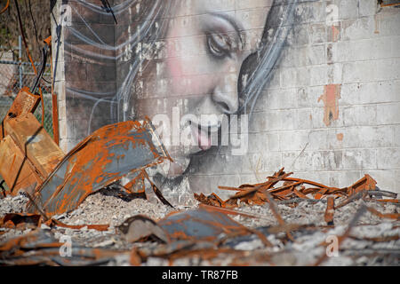 Graffiti artist Shane Grammer paints portraits among the ashes from Paradise CA Camp Fire Stock Photo