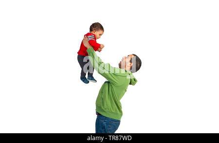 Father holding and lifting up his cute baby isolated on white background - Single lovingly man dad playing with baby boy - Happy joyful father having Stock Photo