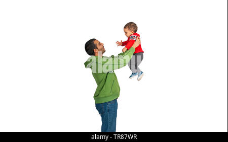 Father holding and lifting up his cute baby isolated on white background - Single lovingly man dad playing with baby boy - Daddy and baby playing isol Stock Photo