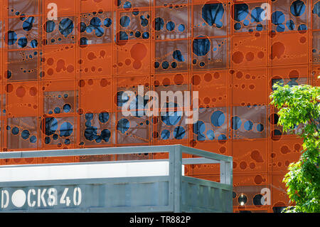 Docks 40 and red Cube, Confluence district, Lyon, Rhone, France Stock Photo