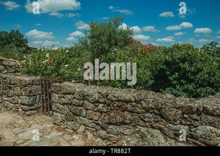 Stone wall with wooden fence on deserted alley in front of flowered shrubs at Sortelha. An astonishing and well preserved medieval hamlet in Portugal. Stock Photo
