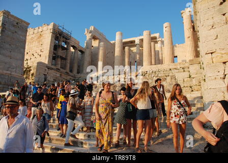 Tourists on the Acropolis of Athens in Greece, June 2018. Stock Photo