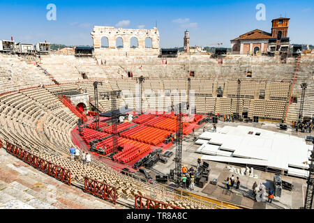 VERONA, ITALY - SEPTEMBER 2018: Wide angle view of the Verona Arena, a Roman amphitheatre in the city. The Arena is being cleared after a concert Stock Photo
