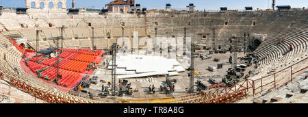 VERONA, ITALY - SEPTEMBER 2018: Panoramic view of the Verona Arena, a Roman amphitheatre in the city. The Arena is being cleared after a concert Stock Photo