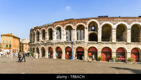 VERONA, ITALY - SEPTEMBER 2018: Panoramic view of the exterior of the Verona Arena, a historic Roman amphitheatre in the city centre. Stock Photo