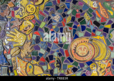 tile mosaic on bus stop bench, Broadway Blvd., Albuquerque, New Mexico Stock Photo