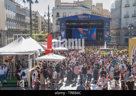 Madrid, Spain, 30th May 2019. UEFA Champions League Trophy is exhibited at Puerta del Sol square in Madrid for fans to see it and take pictures with it before the gran final Liverpool vs. Tottenham that will take place on the 1st of June.  Credit: Lora Grigorova Stock Photo