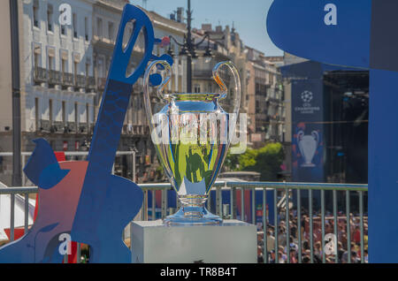 Madrid, Spain, 30th May 2019. UEFA Champions League Trophy is exhibited at Puerta del Sol square in Madrid for fans to see it and take pictures with it before the gran final Liverpool vs. Tottenham that will take place on the 1st of June.  Credit: Lora Grigorova Stock Photo