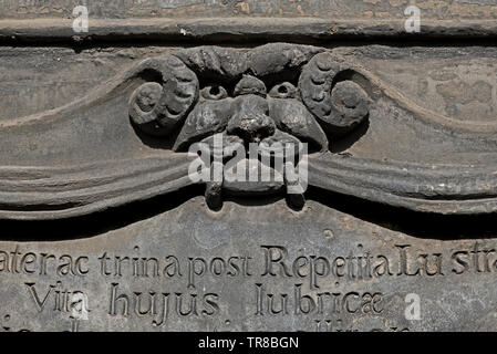 Detail on the 17th century mural monument to John Mylne or Milne (1611-67) in Greyfriars Kirkyard, Edinburgh, Scotland, UK. Stock Photo