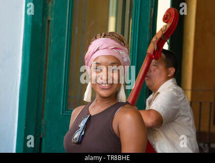 Musicians play during the day in a bar in the Old Town, Havana, Cuba, Caribbean Stock Photo