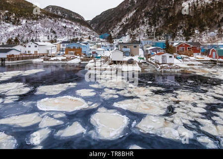 Waterfront with floating pancake ice at the outport of Grey River, which is snuggled along a fjord, viewed from the ferry Marine Voyager, Newfoundland Stock Photo