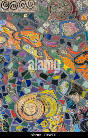 tile mosaic on bus stop bench, Broadway Blvd., Albuquerque, New Mexico Stock Photo