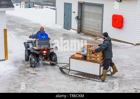 Transporting cargo from dock to store by ATV at the outport of Grey River, viewed from the ferry Marine Voyager, Newfoundland, Canada [No property or Stock Photo