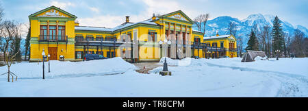 BAD ISCHL, AUSTRIA - FEBRUARY 20, 2019: Panorama of Classical styled Kaiservilla (Emperor's villa of Franz Joseph I) and Kaiserpark, covered with snow Stock Photo