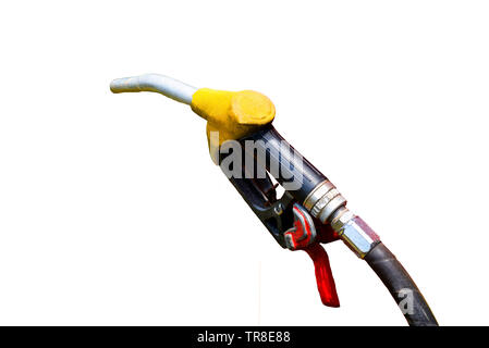 Old pump filling gun fuel nozzle to refuel in gas station isolated on white background Stock Photo