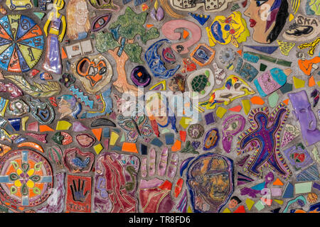 tile mosaic on bus stop bench, Broadway Blvd., Albuquerque, New Mexico Stock Photo