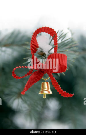 Red ribbon and toy bell decoration on spruce tree Stock Photo