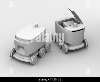 Clay rendering of self-driving delivery robots. One's cover opened for picking parcels. 3D rendering image. Stock Photo