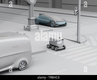 Self-driving delivery robot moving on the roadside. Clay rendering with soft texturing. 3D rendering image. Stock Photo
