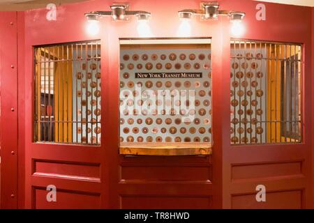 Ticket booth at New York Transit Museum in Brooklyn, New York City Stock Photo