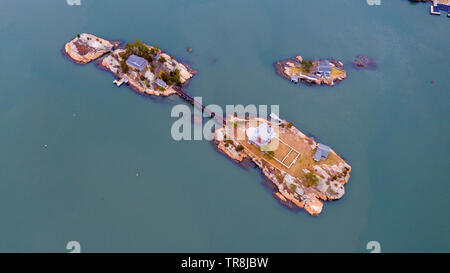 Cut in Two Island East and West, The Thimble Islands, or the Thimbles,  Long Island Sound, Branford, CT Stock Photo