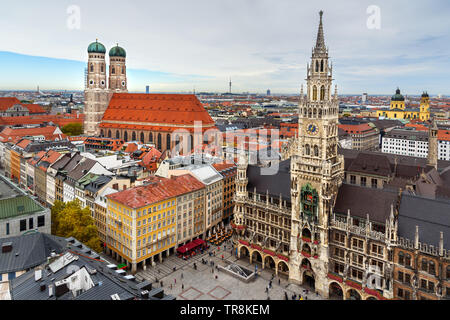 Aerial cityscape of Munich historical center with New Town Hall on Marienplatz and Frauenkirche. Munich. Germany Stock Photo