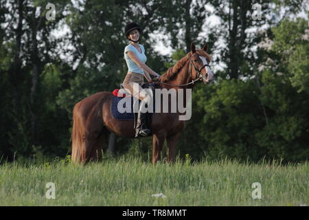 Young female equestrian riding on saddle arabian horse Stock Photo